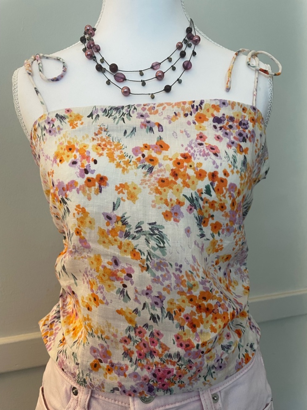 H&M White Smocked Floral Tube Top with Orange & Purple Print